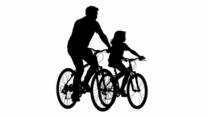 Fototapeta premium Black silhouette, father and child, riding bicycles, cycling duo, family fun isolated on White Background