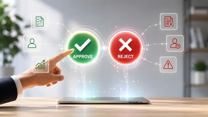 Fototapeta premium Corporate hand touching glowing green approve button on virtual futuristic interface above tablet representing digital workflow decision