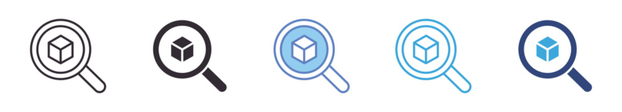 Product Search Icon Set , magnifying glass with package symbol, inventory lookup, ecommerce vector icons
