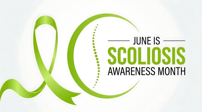 June is scoliosis awareness month with green ribbon and spine illustration on a white background promoting health and support for spinal conditions and education.