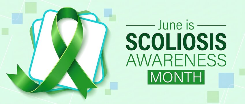 June is scoliosis awareness month with green ribbon and stylized spine graphic on light green background promoting health and support for spinal conditions and education.