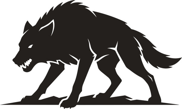Aggressive snarling wolf silhouette in a crouching hunting pose with sharp teeth and fur details.