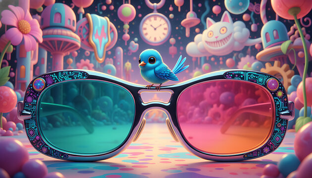 Whimsical blue bird perched on colorful eyeglasses with a surreal dreamscape
