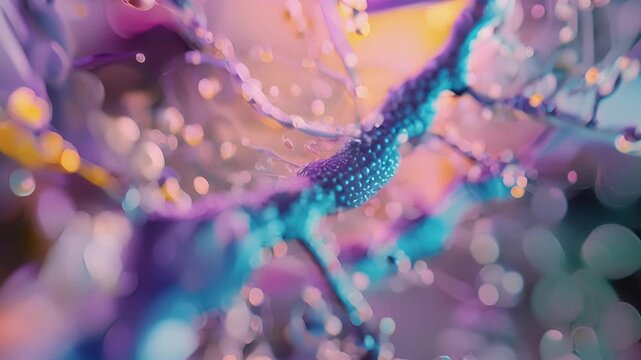 A magnified image of a synapse with clear demarcation between the storage and release of neurotransmitters from vesicles.