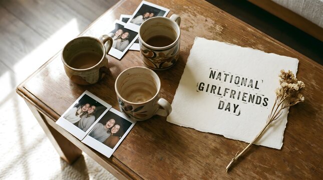 Vintage birthday celebration setup with film photos and coffee on wooden table