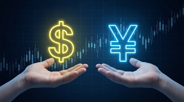 Hands holding glowing dollar and yen symbols for forex trading