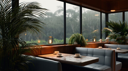 Fototapeta premium Cozy cafe interior with blue booth seating, marble tables, lush green plants, and large windows showing rainy forest view