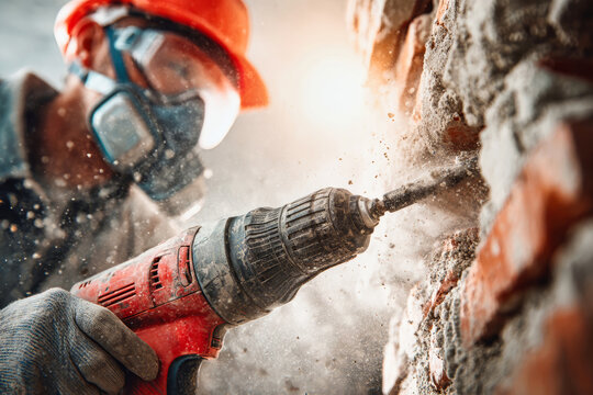 A construction worker operates an electric drill on a brick wall while dust fills the air in a well-lit space. The worker wears a helmet and mask