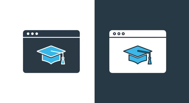 Online education graduation cap icon: Glyph and solid icon set - Icon vector - logo icons. Blue, Black and white icons