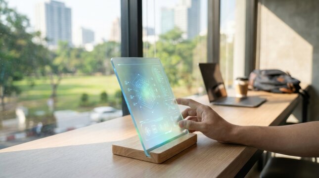 Individual using a tablet device in a contemporary setting to enhance ai assisted mobile productivity experience