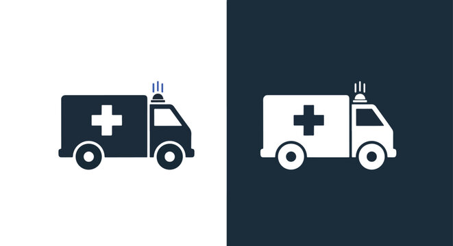 Emergency ambulance vehicle flat icon: Glyph and solid icon set - Icon vector - logo icons. Blue, Black and white icons
