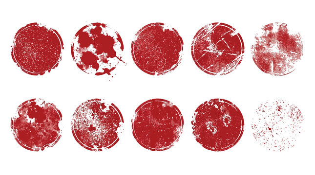 Ten red circular grunge rubber stamps featuring various distressed textures in this artistic collection image