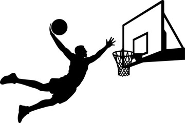 basketball player silhouette jumping for slam dunk into hoop on white background sports illustration © faiqa