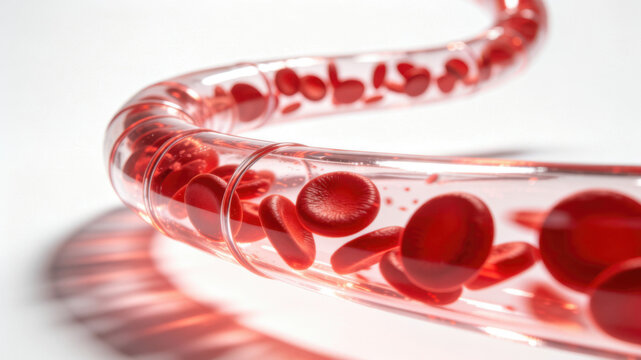 Transparent Curved Blood Vessel with Red Blood Cells Futuristic Biomedical Background