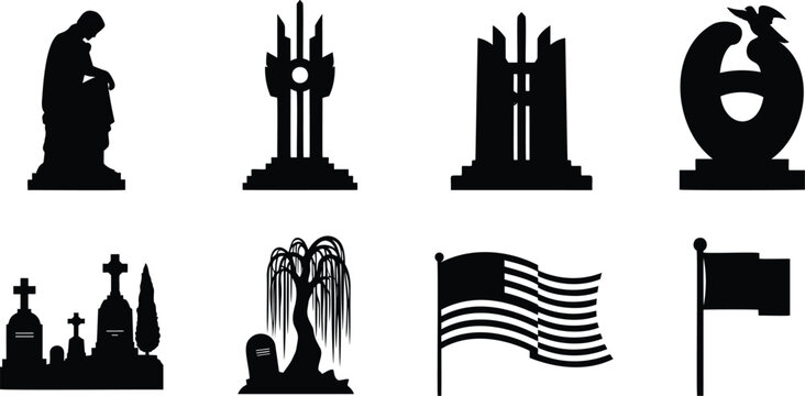 Memorial monument vector silhouettes, gravestones, weeping willow, and flags.