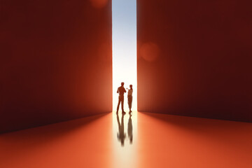Silhouettes of Two People Discussing Ideas in Abstract Corridor with Dramatic Lighting