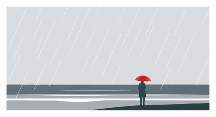Solitary figure with red umbrella stands by gray sea under downpour © Centaurus
