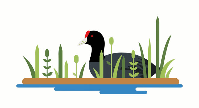 Minimalist illustration of a coot bird resting among reeds by a body of water