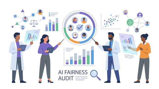 Diverse team of scientists conducting an AI fairness audit, analyzing data and algorithms for bias and equity in technological systems.
