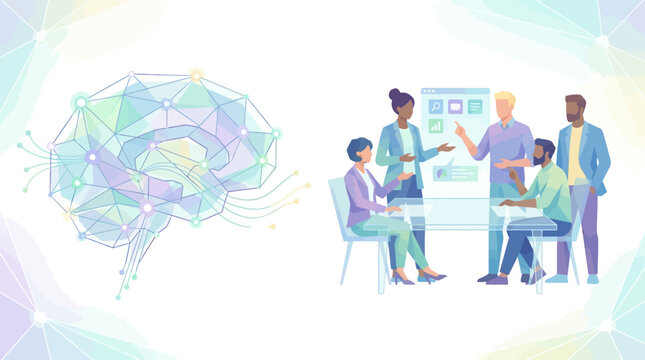 Geometric brain illustration next to a diverse business team collaborating in a meeting.