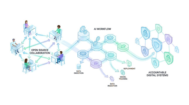 Diagram illustrating the workflow from open-source collaboration to accountable digital systems, showing data processing and management steps.