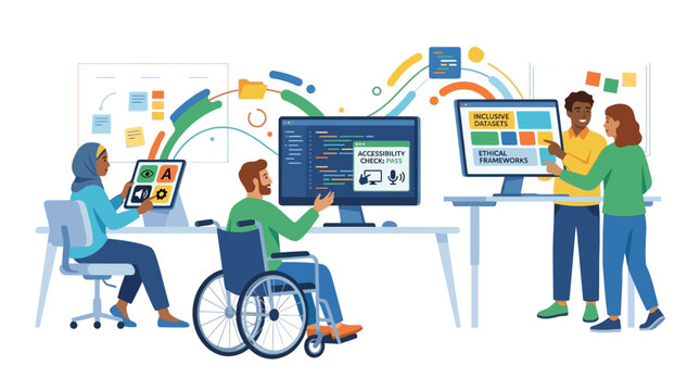 Diverse team collaborating on software development and digital design with computers and tablets, emphasizing accessibility and teamwork in a modern office setting.