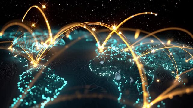 Network of glowing connections shown on a world map with bright lines representing global interactions and communications happening across continents and countries