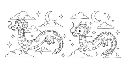 Obraz premium Cute dragon coloring page with moon and stars in the clouds