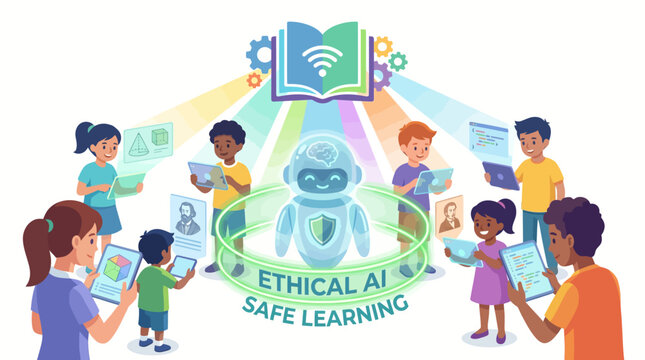Children learning with AI and digital devices in a safe and ethical educational environment, guided by technology.