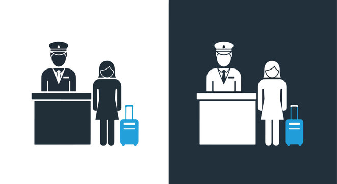 Airport hotel checkin desk woman icon: Solid vector icons - Clipart, sticker - icon set - Editable modern style icon