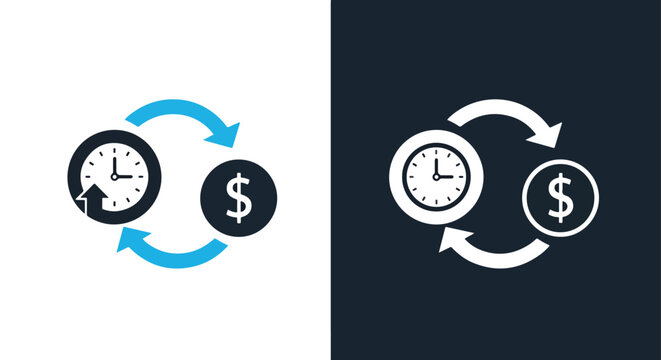 Time and money exchange cycle blue icon: Glyph and solid icon set - Icon vector - logo icons. Blue, Black and white icons