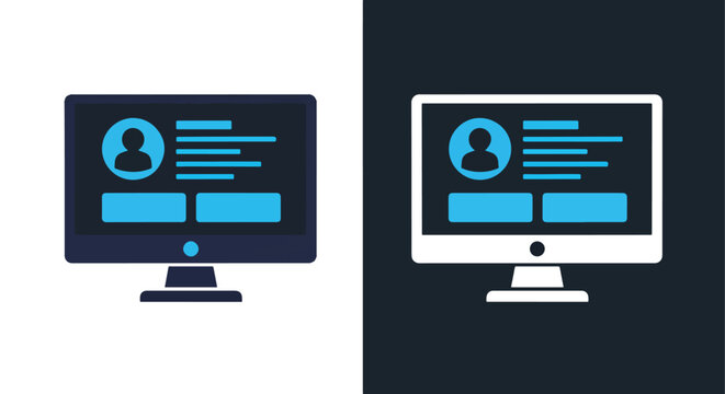 Computer screen with user profile icon: Glyph and solid icon set - Icon vector - logo icons. Blue, Black and white icons