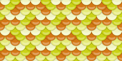 Vibrant, seamless pattern of overlapping scales in lime green, orange, and cream.  Perfect for backgrounds, textiles, or playful designs.  Evokes feelings of nature, texture, and subtle elegance. © Olena