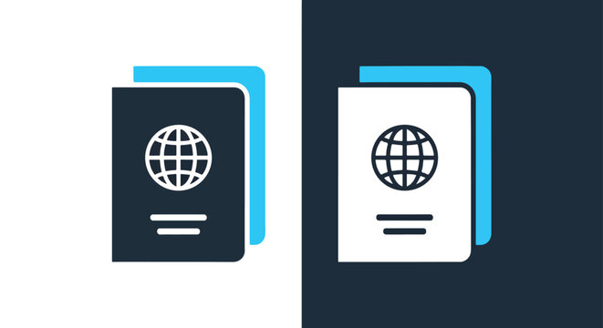 Blue and black passport travel document icon: Clipart, sticker - icon set - Line and glyph solid icon and logo template 