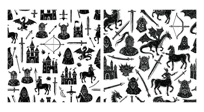 Seamless pattern with medieval fantasy knight and dragon icons