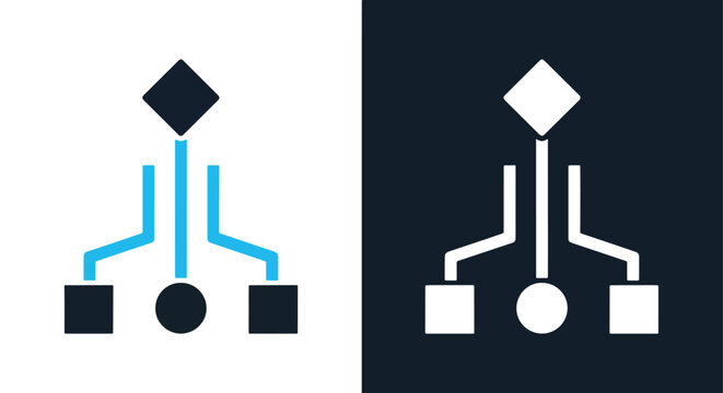 Data structure flow chart vector icon set: Glyph and solid icon set - Icon vector - logo icons. Blue, Black and white icons