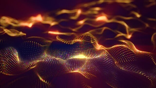 Golden abstract digital mesh wave with glowing particles, warm light trails, and futuristic data landscape.