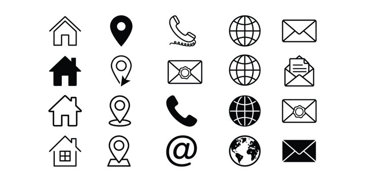 Collection of contact and communication icons for web design including house phone mail and location map markers.