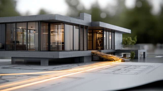 Modern house architectural blueprint glass wall exterior contemporary high fidelity detailed design daylight creative concept