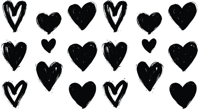 Collection of artistic black heart silhouette illustrations with solid and brushstroke designs for romantic and decorative projects
