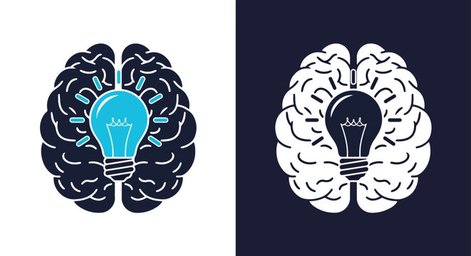 Brain icon with glowing lightbulb center: Clipart, sticker - icon set - Line and glyph solid icon and logo template 
