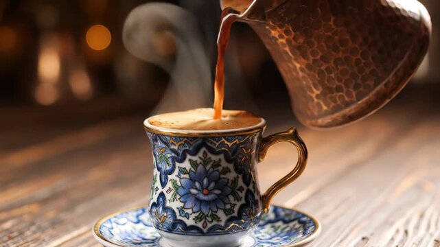 A skilled barista delicately pours steaming coffee from a beautifully crafted pot into an ornate cup adorned with vibrant floral patterns, evoking a rich cultural experience.