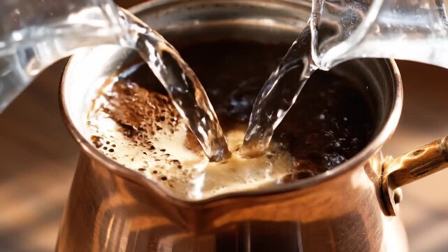 Water flows from a glass pitcher into a polished copper kettle, capturing the moment as steam swirls and coffee grounds meld, creating a symphony of warmth and aroma.