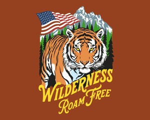 Fototapeta premium Patriotic tiger in the wilderness with mountains and American flag. Retro roam free graphic art.