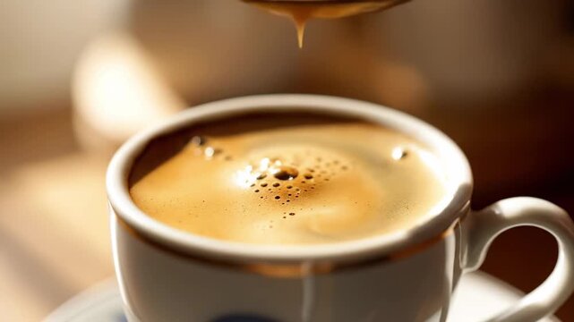 A vibrant cup of freshly brewed espresso sits, steam rising delicately. The glistening surface reflects warm light.