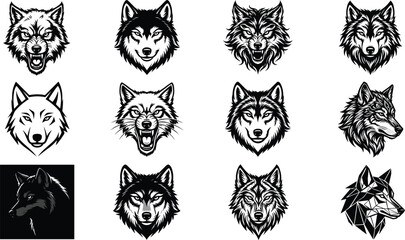 Obraz premium Collection of diverse wolf head illustrations in realistic, geometric, and stylized artistic designs symbolizing wilderness, power, and freedom