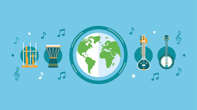 World Music Day Linear Banner with Traditional Instruments Lining Beside Earth Globe