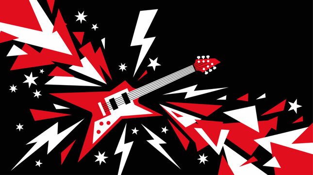 Rock Music Horizontal Banner with Electric Guitar and Exploding Geometric Triangles