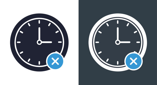Clock with cross mark error icon: Glyph and solid icon set - Icon vector - logo icons. Blue, Black and white icons