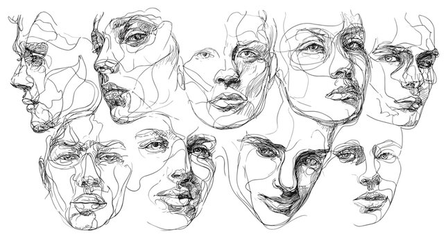 Collection of Expression Sketches Showcasing Various Human Facial Features and Emotions